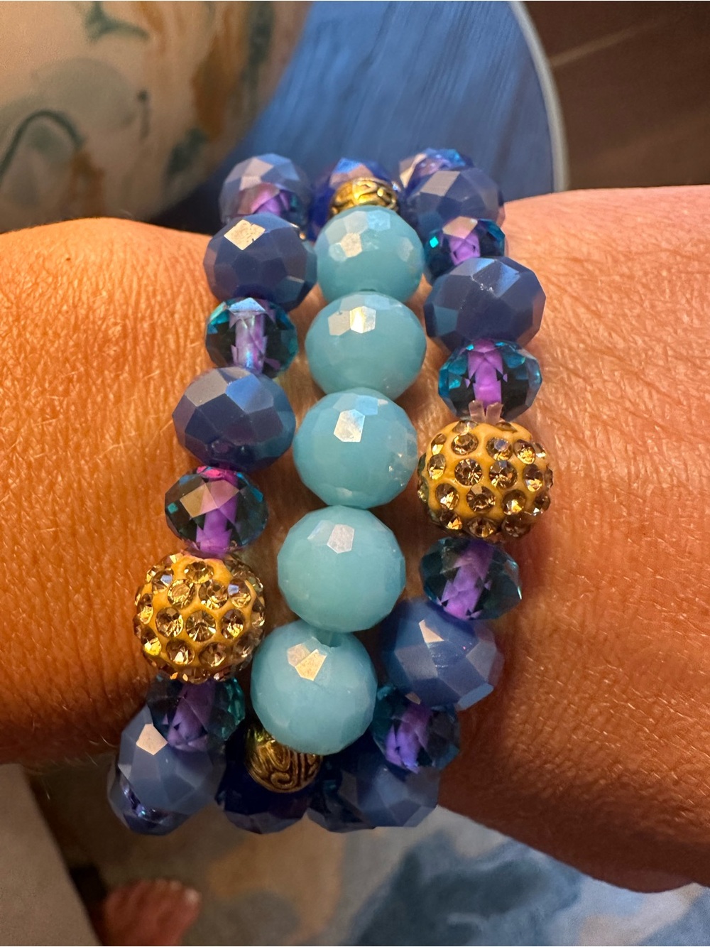 Erimish Blue & Teal Multi-Bead Stretch Bracelet Set with Gold Accents